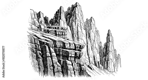 Detailed hand-drawn mountain landscape with dramatic rugged peaks in black and white