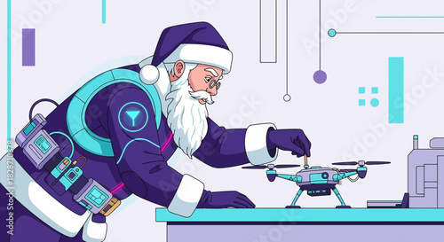 Santa Claus in a high-tech workshop fine-tuning a drone for his Christmas Eve deliveries