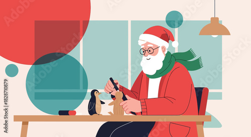 Santa Claus meticulously carving a wooden penguin, showcasing festive artistry and holiday spirit
