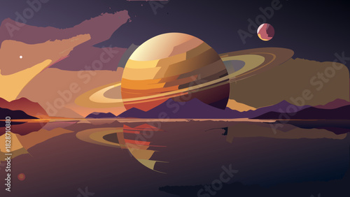 Striking Saturn planet illustration reflecting in tranquil water, evoking a sense of cosmic wonder and serenity, ideal for sci-fi or fantasy themes