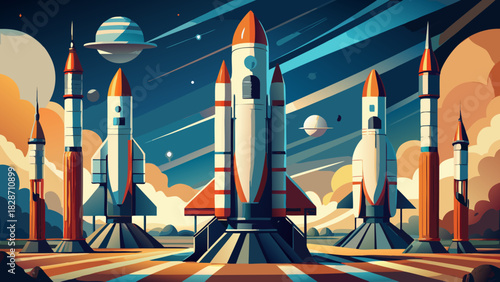 Explore Space Travel with Retro Rocketships Ready for Launch, Perfect for Nostalgic Designs and Futuristic Themes, Originally a Scalable Vector Graphic