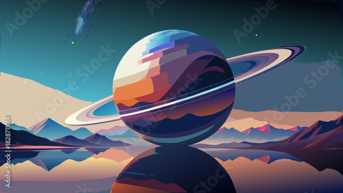 Stunning planet illustration with vibrant rings reflecting in serene waters, set against a mountain backdrop, perfect for space themed concepts, vector art