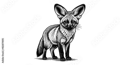 Intricate black and white line art of a fennec fox with detailed fur and large ears