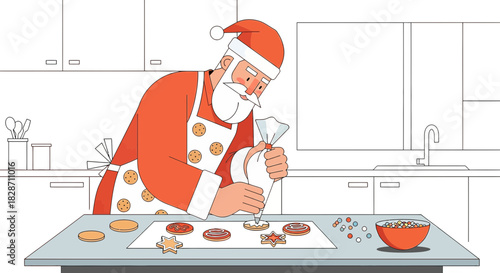 Santa Claus preparing festive holiday cookies in his kitchen with joyful anticipation