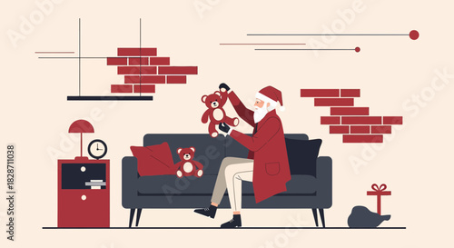 Santa Claus Relaxing on Sofa with Teddy Bears in Stylish Festive Interior Scene