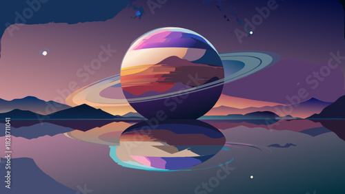 Dreamy planet landscape art, an inviting cosmic scene with mountains and a reflective water surface, a calming and inspiring futuristic concept artwork
