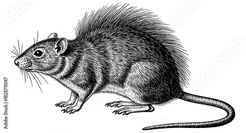 Detailed ink drawing of a rat with intricate fur patterns