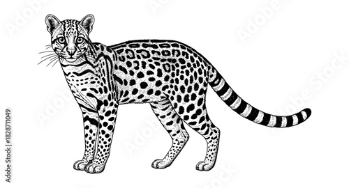 Detailed black and white engraving of a majestic wildcat with intricate patterns
