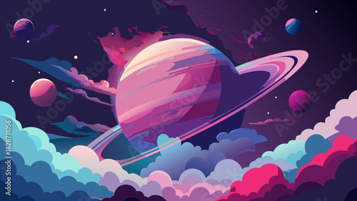 Dreamy planetscape illustration with vibrant pinks and purples, perfect for sci-fi book covers, space exploration themes, or modern cosmic backgrounds