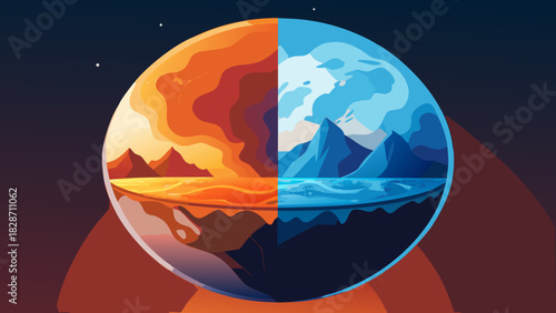 Stunning contrasting worlds with fire and ice landscapes, a captivating visual metaphor for duality and balance, perfect for creative projects and design concepts