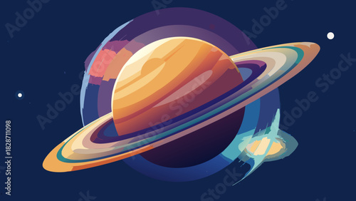 Stunning digital artwork of a golden planet with vibrant rings, floating in the cosmos, ideal for space exploration, science fiction, or educational designs