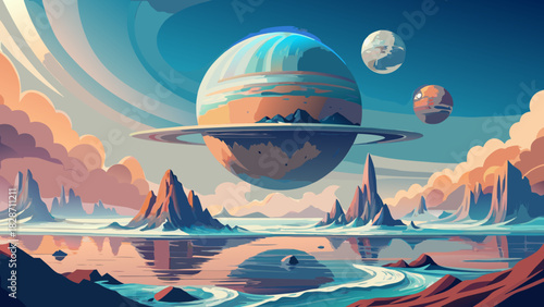 Dreamy planetscape with rings and moons reflected in a tranquil lake, perfect for science fiction book covers, imaginative concepts, and futuristic designs