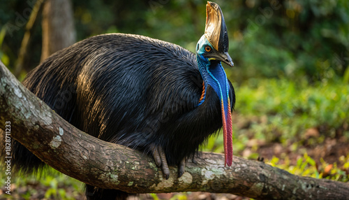 Majestic Cassowary Perched on a Branch in Lush Rainforest.