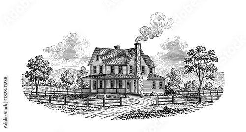 Charming vintage farmhouse with trees and fences in detailed engraving style