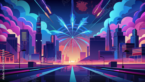 Vibrant cityscape with fireworks celebrating new year, bright modern city with street, buildings, and skyline in celebration, perfect for holidays