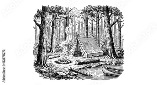 Rustic forest camping scene with tent and canoe in vintage engraving style