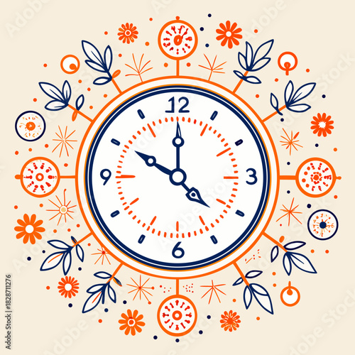 Decorative clock with floral accents in a modern, playful style, perfect for time management concepts, deadline reminders, and creative scheduling projects