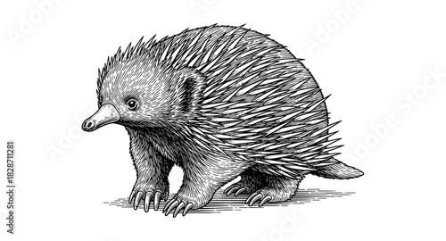 Detailed monochrome drawing of an echidna with intricate spikes and texture