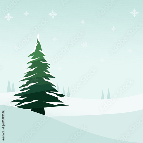 Stylized winter landscape featuring a prominent evergreen tree in a snowy scene with stars in the sky.