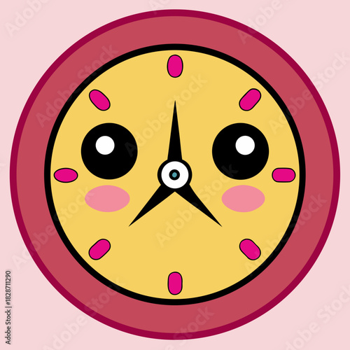 Adorable cartoon clock character with kawaii eyes and rosy cheeks, perfect for children's designs, educational materials, or playful branding, originally a scalable graphic