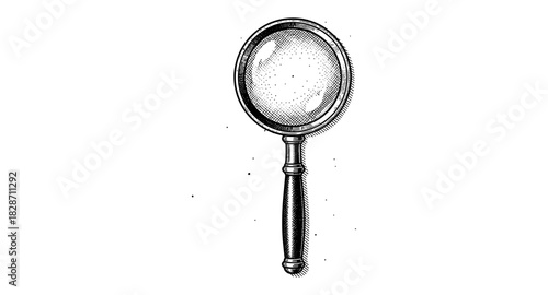 Vintage hand-drawn magnifying glass with intricate details for classic design themes