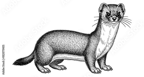 Detailed black and white drawing of a curious weasel