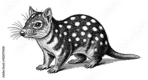 Detailed pen drawing of a spotted quoll in black and white