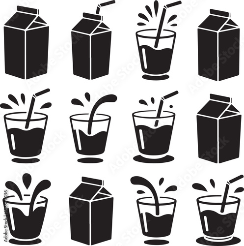 Black and White Cartoon Illustration of Milk Cartons and Drink Glasses