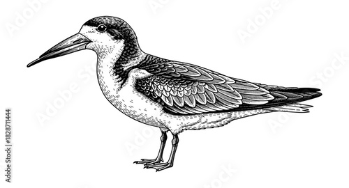 Detailed black and white bird drawing with vintage ink style