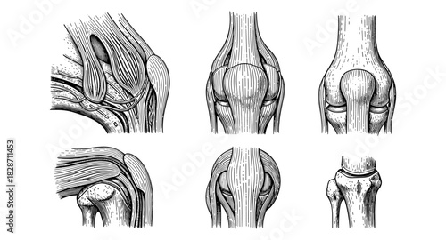 Anatomical human knee drawings: detailed medical sketches of joint and muscle structure