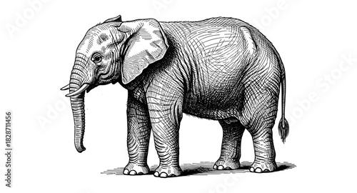Detailed hand drawn elephant artwork in black and white
