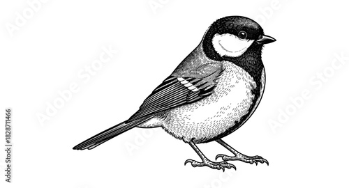 Detailed black and white bird drawing in vintage style