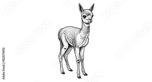 Detailed portrait of a baby llama in vintage engraving style on white background