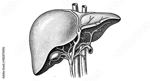 Detailed engraving of human liver anatomy with blood vessels highlighted in vintage style