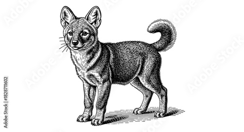 Intricate hand drawn canine with detailed fur on white background