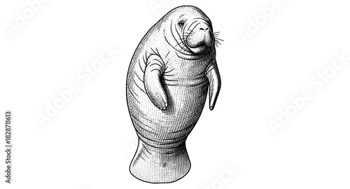 Detailed line art of a manatee in vintage engraving style