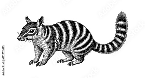 Detailed engraving of a numbat with striped tail in monochrome style
