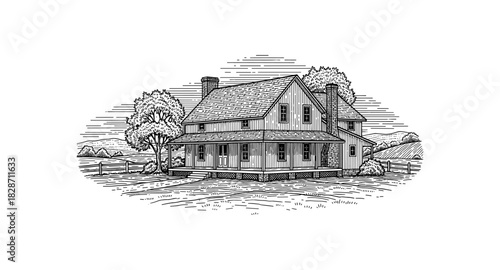 Elegant hand-drawn rural cottage on white background with detailed architectural elements