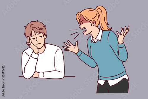 Furious girlfriend yells at boyfriend who sits calmly and ignores her. Concept of relationship crisis, misunderstanding and family scandal where husband does not listen to wife.