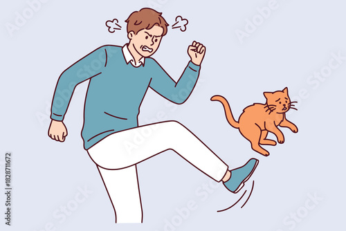 Cruel man attacks defenseless pet by kicking it with leg. Concept of animal abuse and violence where angry owner hurts scared red cat.