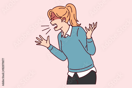 Aggressive girl yells and expresses negative emotions. Concept of PMS, hysteria or nervous breakdown where stressed female character loses temper.