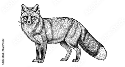 Detailed black and white fox drawing with intricate fur details