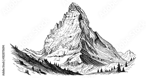 Detailed pen and ink mountain landscape with majestic peak and pines