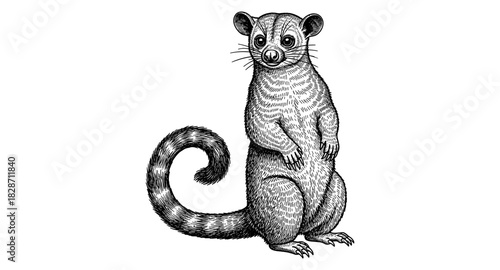 Vintage engraving of a ring-tailed animal in black and white style