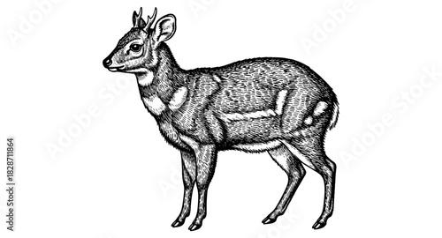 Vintage engraving of a fawn with detailed fur and antlers on white background