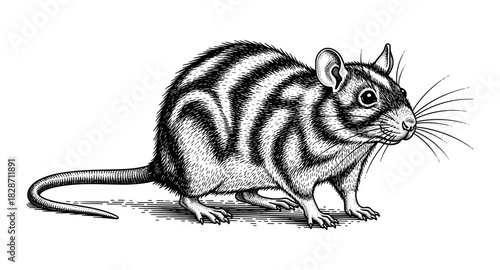 Detailed black and white engraved rat artwork with intricate line work