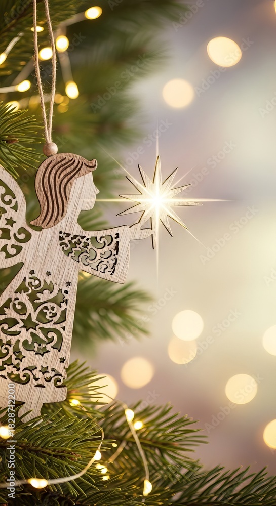 Obraz premium Wooden angel ornament hanging on a Christmas tree branch with glowing star and blurred lights in the background for holiday greeting card.