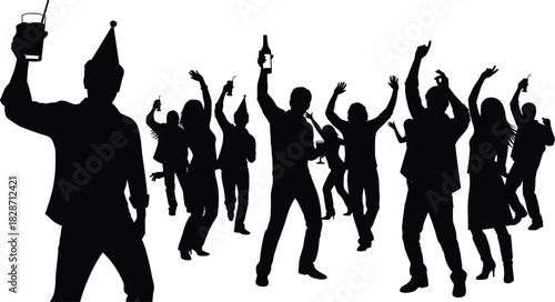 A dynamic silhouette group of people dancing, cheering, and raising drinks in celebration, representing successful teamwork, corporate party, festive holiday celebration, New Year's Eve, and joyful 