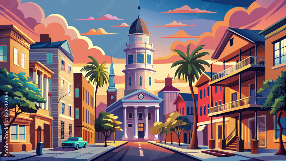 Naklejka premium Very beautiful historic cityscape of downtown Charleston, South Carolina, featuring charming colonial-style buildings, tree-lined streets, and soft atmospheric lighting, captured in a clean, non-speci