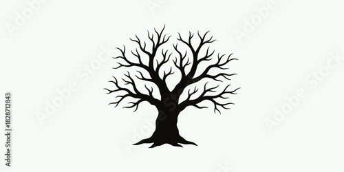 Silhouette of a bare deciduous tree with intricate branches against a white background